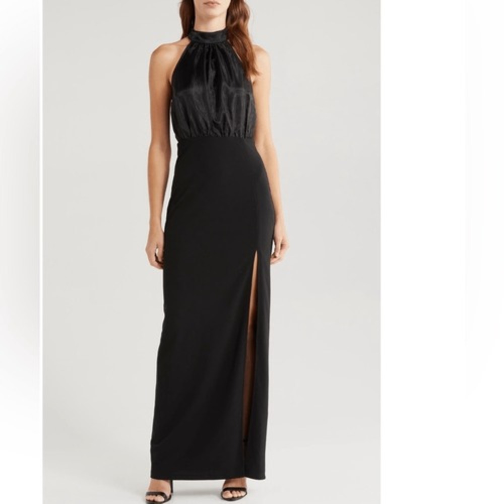 Lulus Organza & Crepe Halter Gown Dress, Cocktail Party Black,‎ Size XL, NWT